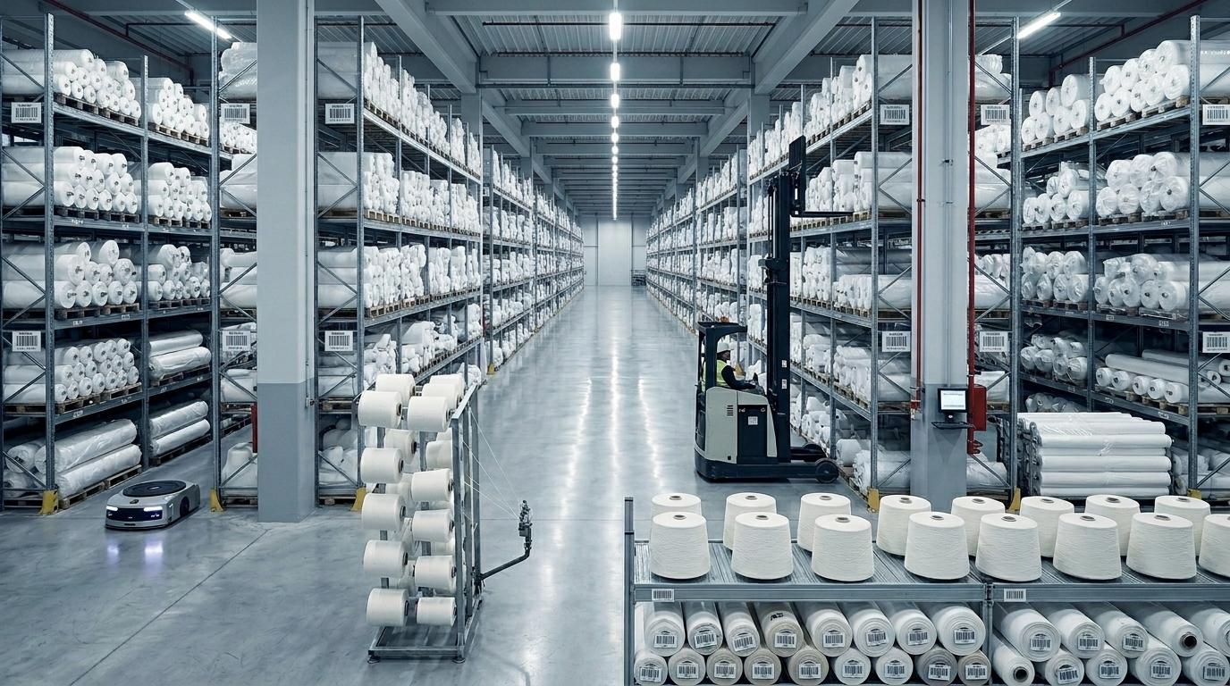 Organised fabric storage at the JA Textile factory in Gujrat, Pakistan